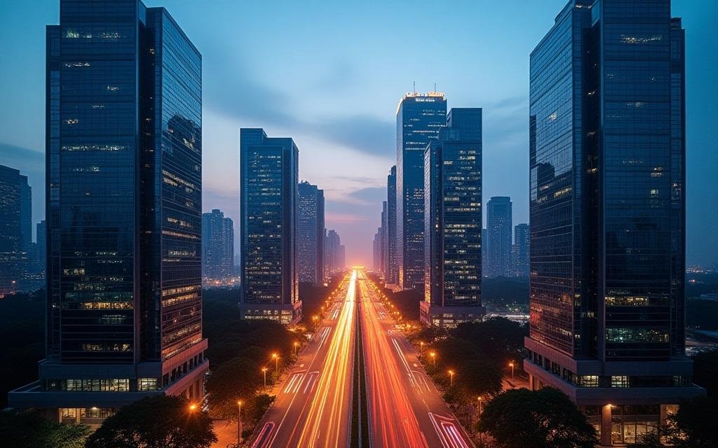 Panoramic view of New Delhi financial district at night