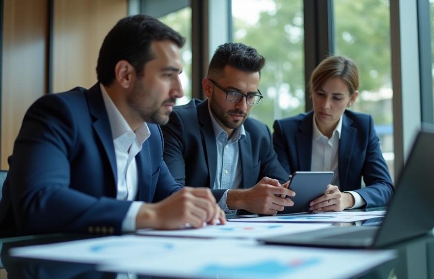 Financial experts discussing forecasting charts in a high-end Delhi boardroom